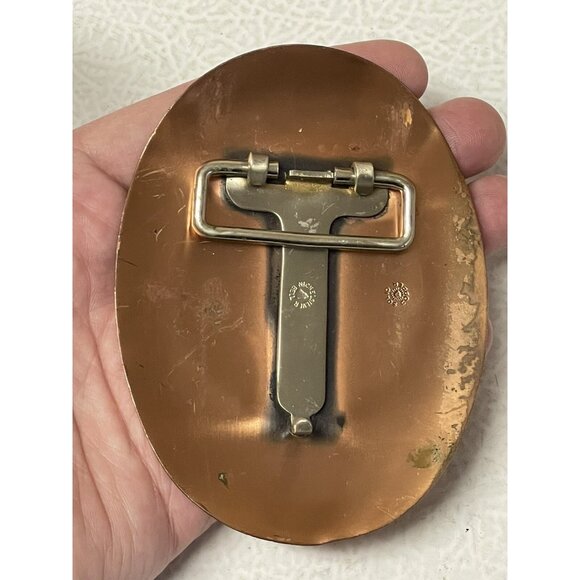 Vintage Belt Buckle Solid Copper Turquoise Inlay Nickel Silver Bell - Picture 12 of 16